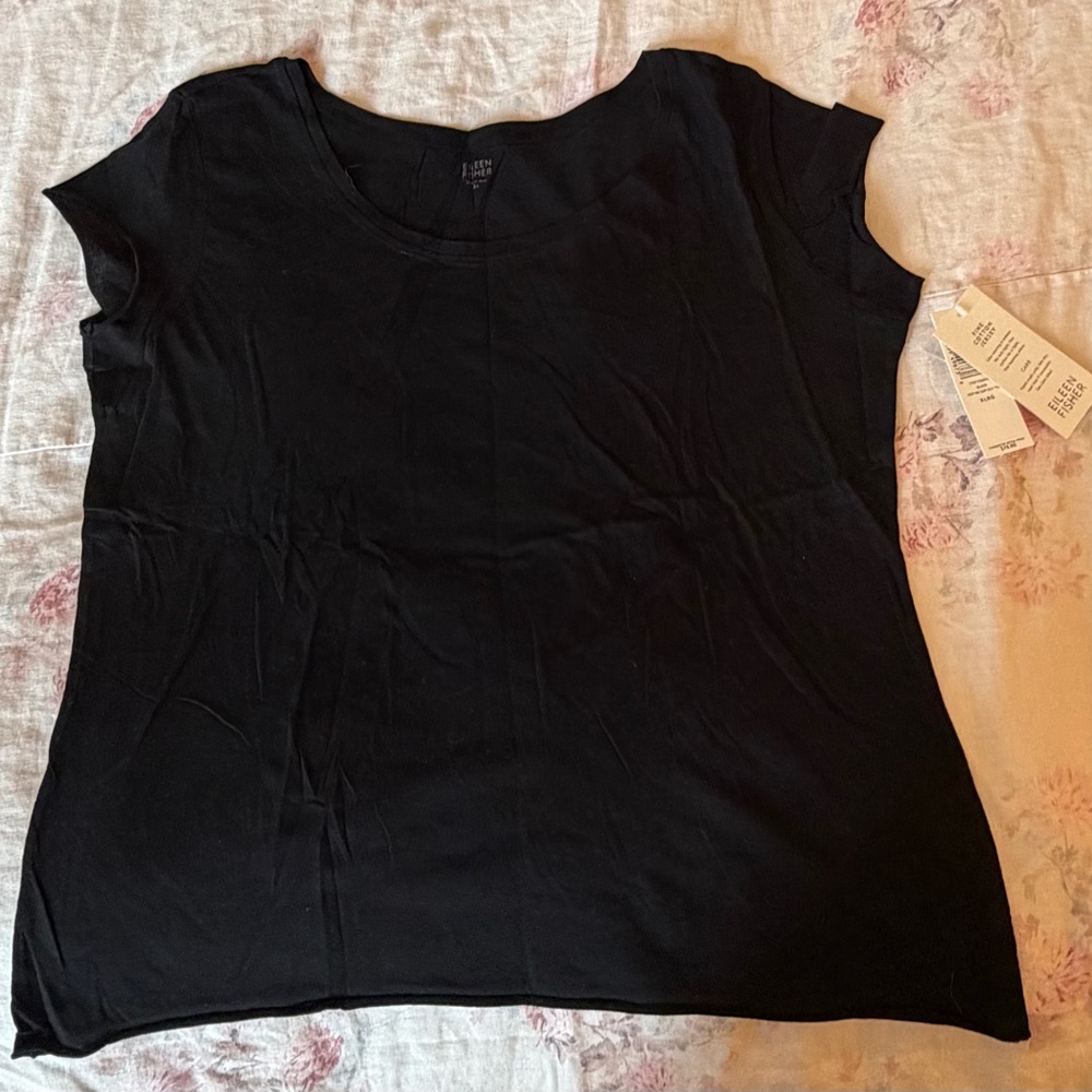 Eileen Fisher Black Scoop Neck Cap Sleeve Tee - NWT - XL
